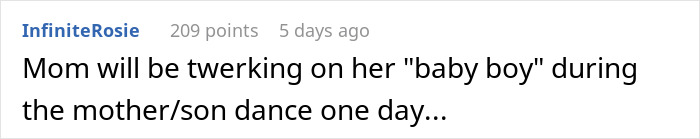 Screenshot of a comment about a mom acting possessive over her son during a birthday party, causing tension with his girlfriend.