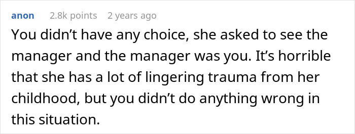 Text post discussing a book store manager facing trauma from a childhood school bully in a difficult situation. Text post discussing a book store manager facing trauma from a childhood school bully in a difficult situation.