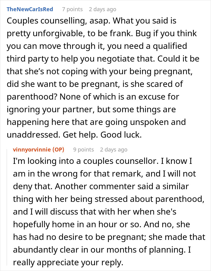 ALT text: Online discussion about marriage trouble and pregnancy stress amid wife&rsquo;s career glow-up and relationship challenges