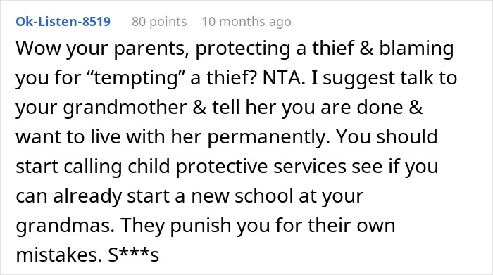 Reddit comment advises teen on parents protecting cousin's theft, suggesting leaving house for grandmother's and contacting CPS.