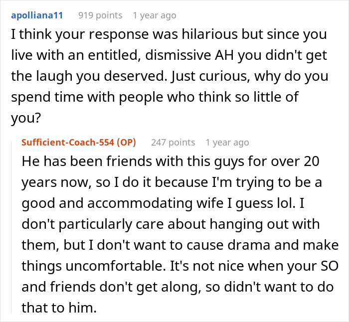 Reddit comments on a woman's dilemma regarding her husband's disrespect and possibly quitting the marriage.