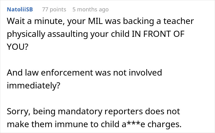 Comment discussing a teacher grabbing a child in front of a mom and the controversy over lack of law enforcement response.