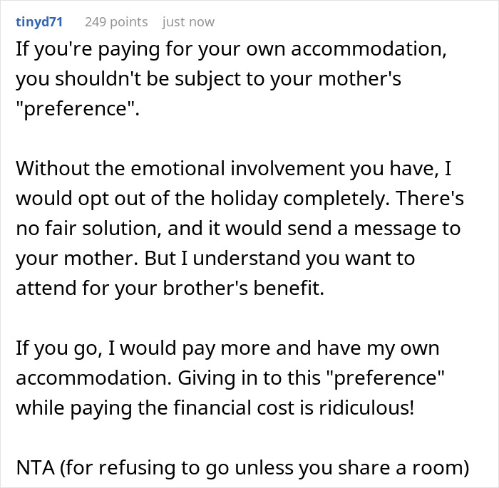 Comment discussing woman&rsquo;s dilemma over mother controlling her sleeping arrangement with wife-to-be during holiday.