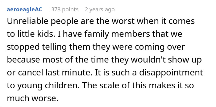 A screenshot of a Reddit post about unreliable family causing disappointment for kids.