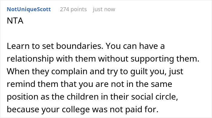 Screenshot of an online comment discussing setting boundaries with independent adult children who won&rsquo;t provide support.