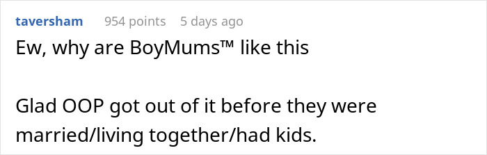 Commenter taversham discussing BoyMums and expressing relief about a breakup before marriage and kids in an online forum.