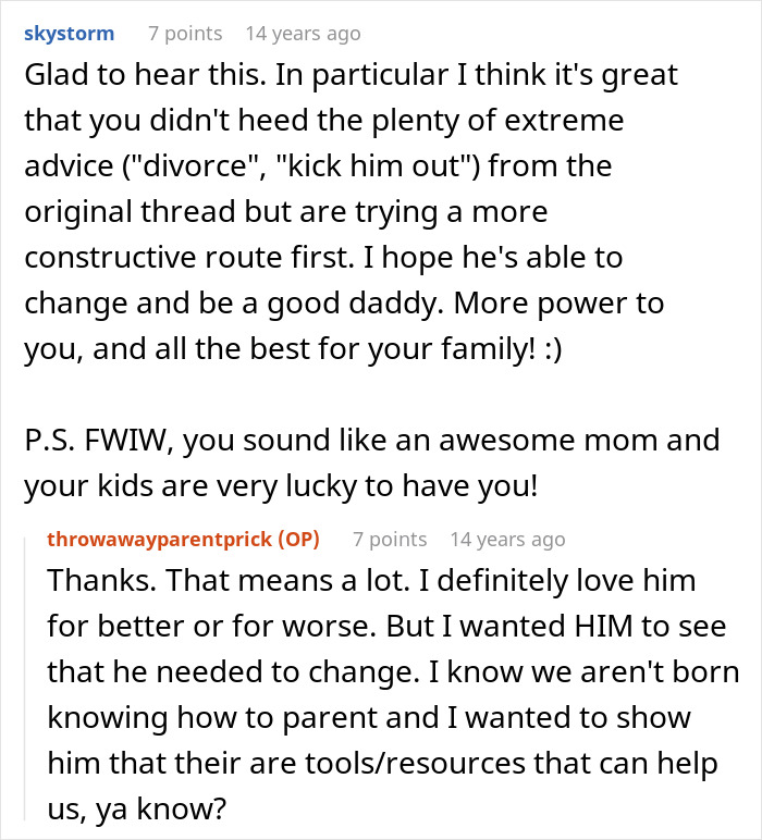 Screenshot of a mom sharing how her husband is awesome to her but a complete jerk to their kids in an online discussion. Screenshot of a mom sharing how her husband is awesome to her but a complete jerk to their kids in an online discussion.