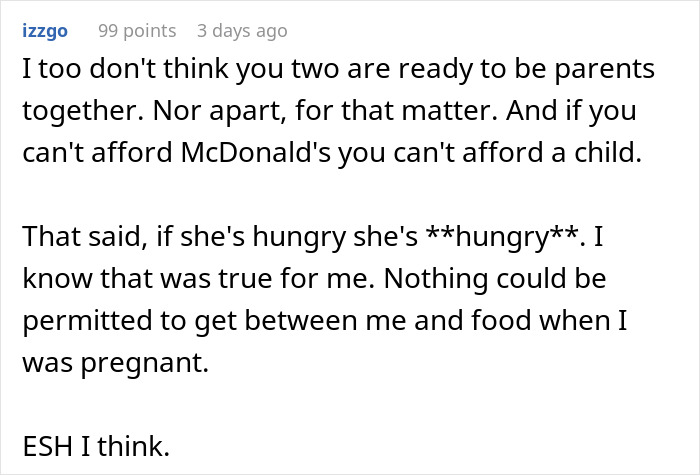 Comment discussing readiness for parenthood and challenges faced by pregnant girlfriends threatening to terminate pregnancy.