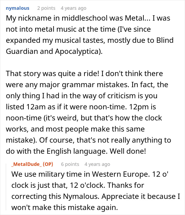 A screenshot of a Reddit thread discussing a user's nickname and a grammar correction, reflecting a perfect revenge scenario.