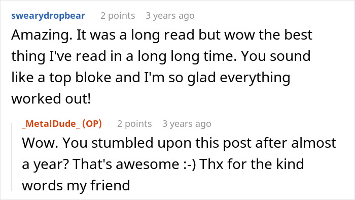 A screenshot of two Reddit comments. Users praise the story of an employee getting perfect revenge on a horrible boss.