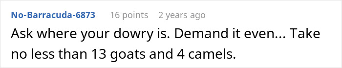 Comment about toxic MIL demanding dowry including goats and camels, highlighting toxic mother-in-law behavior.