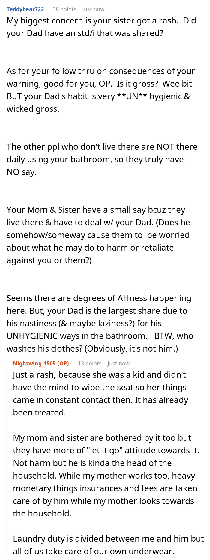 A reddit thread discussing a gross dad who keeps wetting the toilet seat and his daughter's reaction.