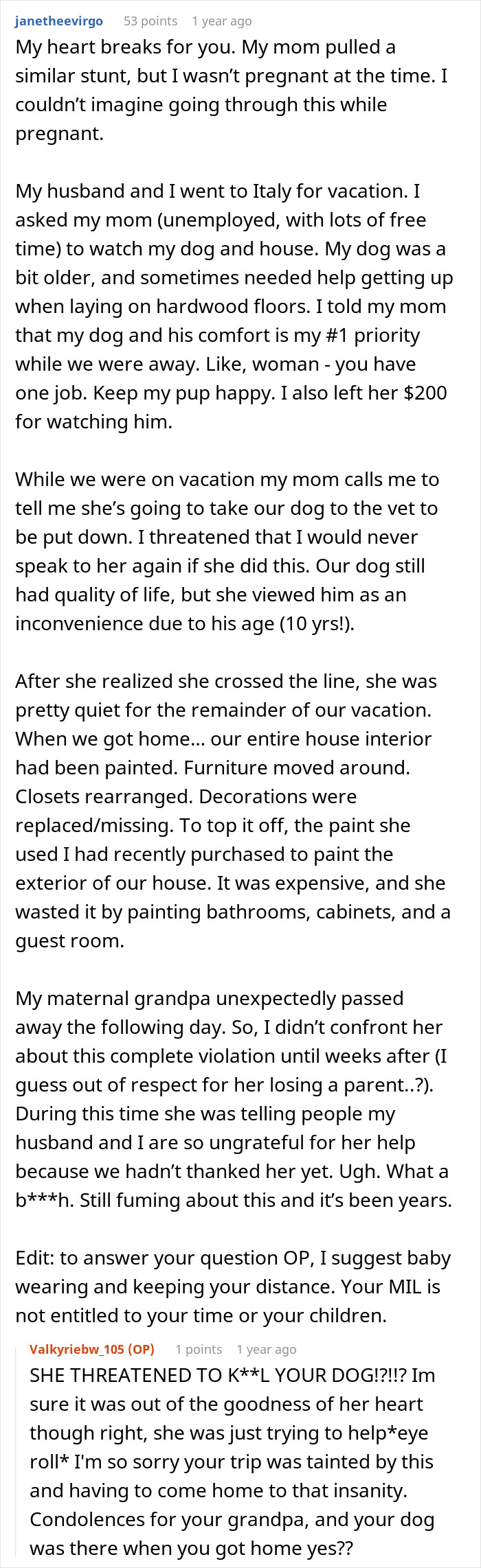 A screenshot of a Reddit thread where a woman recounts her MIL leaving for 2 days, returning to a different house.