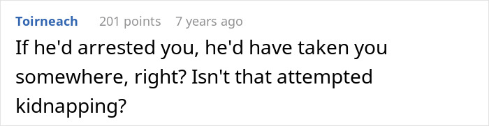 Comment discussing attempted kidnapping related to fake cop arrest, highlighting homophobic MIL and real police officer situation.