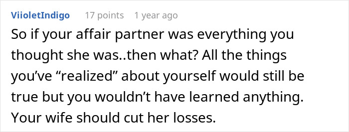 Screenshot of an online comment discussing the consequences of cheating and harsh lessons learned without sympathy.