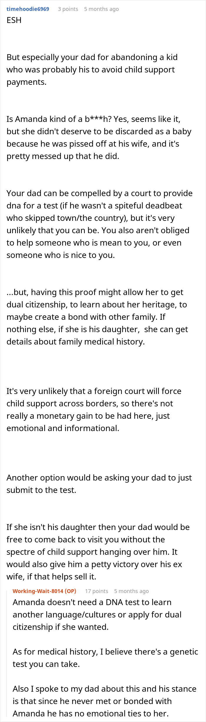 Screenshot of a forum discussing confusing and wild family dynamic involving DNA tests and child support drama.