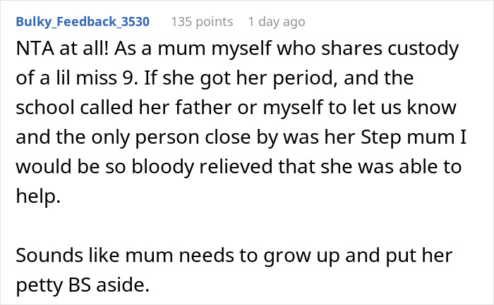 A Reddit comment discussing a cruel mom's reaction to her 10YO daughter's period, highlighting the stepmom's intervention.