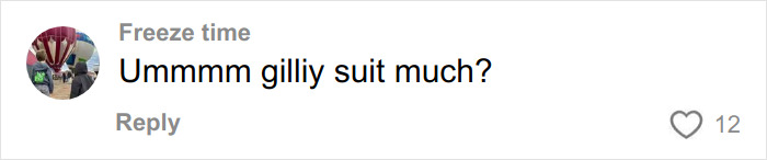 A social media comment from "Freeze time" says, "Ummmm gilliy suit much?" with a profile picture of hot air balloons, relating to a figure lurking in DC.