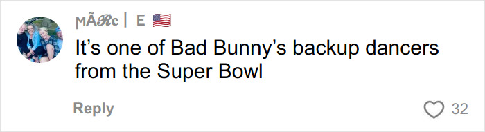 A user comment on a viral video, suggesting the figure lurking in DC woman's back alley is a Bad Bunny dancer.