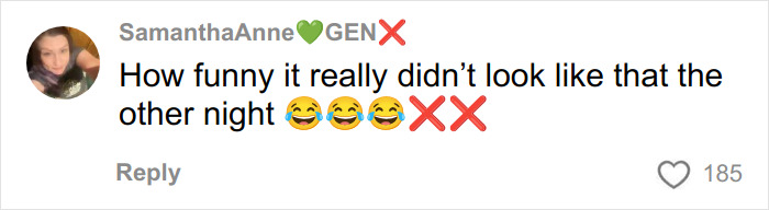 A social media comment by SamanthaAnne GEN, humorously stating, "How funny it really didn't look like that the other night," with laughing emojis. This comment relates to the DC Woman's Back Alley figure.