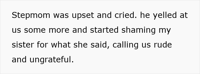 Text post describing a family argument where dad yells at kids for their treatment of stepmom.