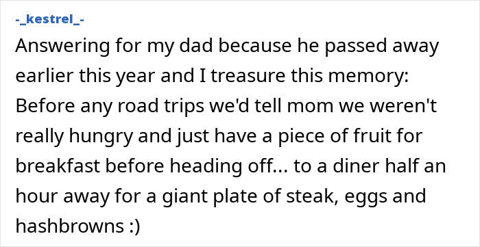 Text post showing a dad and kid secret about breakfast plans before road trips, illustrating secrets dads and their kids keep.