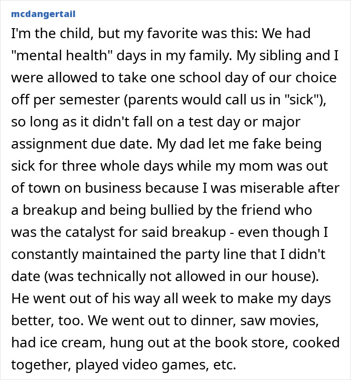 Comment describing a dad and child sharing secrets about mental health days and fake sick days from moms.