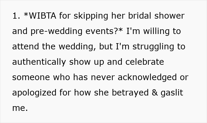Text about struggling to attend a wedding after being blamed for hooking up with sister&rsquo;s boyfriend and family conflict.