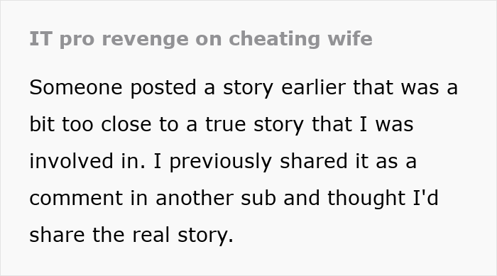 Text excerpt about IT pro revenge on cheating wife, describing a real story shared as a comment in another subreddit. Text excerpt about IT pro revenge on cheating wife, describing a real story shared as a comment in another subreddit.