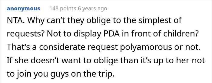 Screenshot of an anonymous comment discussing polyamorous relationships and requests about public displays of affection around children.