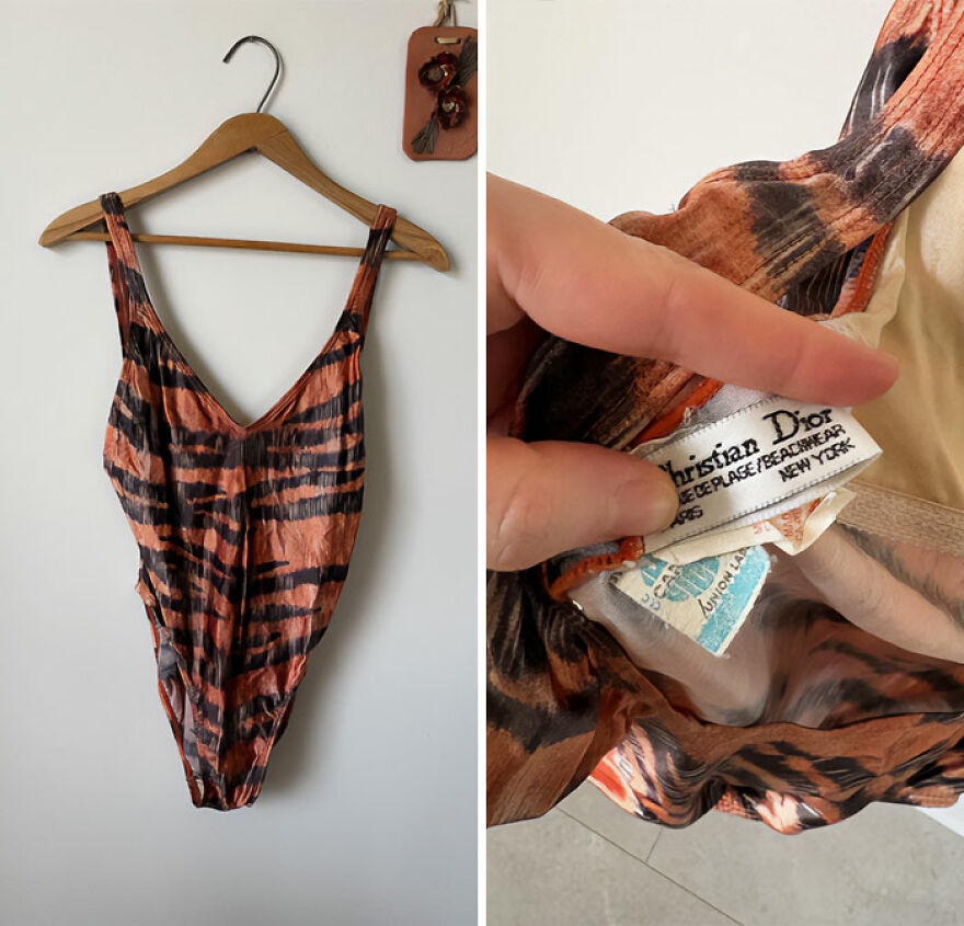 A vintage Christian Dior swimsuit with a tiger print, found in the Goodwill bins. A fantastic find.