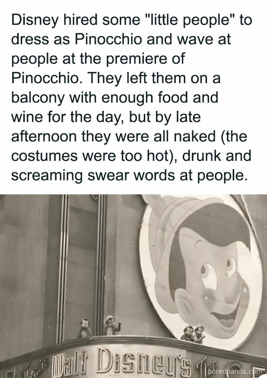 Fascinating photos teach history: Small figures on a Walt Disney building balcony, alongside a large Pinocchio head.