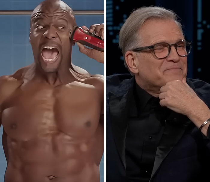 Split image shows a muscular man shaving his head with clippers and a man with gray hair and glasses in a dark suit.