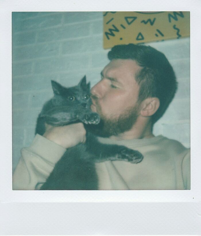 A bearded man with closed eyes kisses a gray cat he holds, defying notions of fragile masculinity.