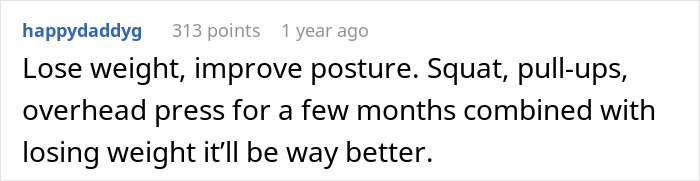 Comment suggesting weight loss and exercises like squats, pull-ups, and overhead press to improve posture and reduce buffalo hump health risks. Comment suggesting weight loss and exercises like squats, pull-ups, and overhead press to improve posture and reduce buffalo hump health risks.