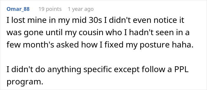 Comment on losing buffalo hump in mid-30s after following a posture program, shared on an online forum. Comment on losing buffalo hump in mid-30s after following a posture program, shared on an online forum.