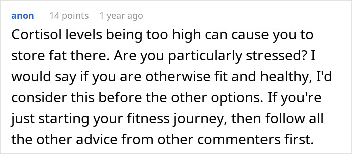 Comment discussing cortisol levels linked to buffalo hump fat storage and advice on fitness and health considerations. Comment discussing cortisol levels linked to buffalo hump fat storage and advice on fitness and health considerations.