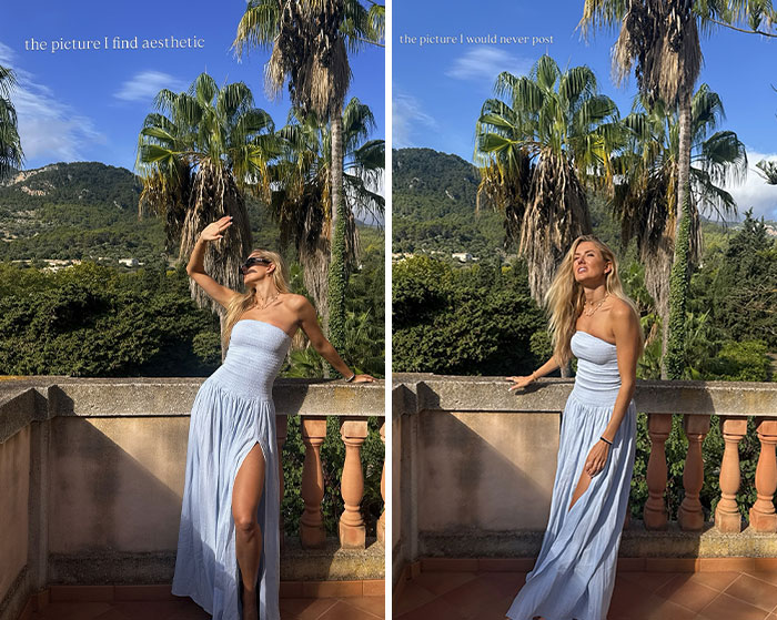 Alica Schmidt posando em um terraço com palmeiras, usando um vestido azul claro sem alças com fenda alta sob o céu ensolarado. Alica Schmidt posando em um terraço com palmeiras, usando um vestido azul claro sem alças com fenda alta sob o céu ensolarado.