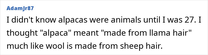 A white background displaying text: AdamJr87 I didn't know alpacas were animals until I was 27. An embarrassing moment.