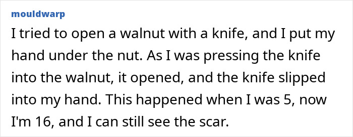Text post describing a person’s stupid injury story about cutting their hand while opening a walnut with a knife.