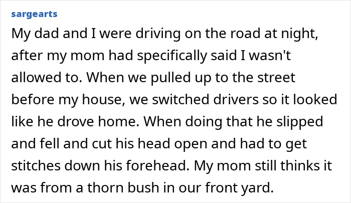 Alt text: A dad and child secretly driving at night, hiding the truth with a story about a thorn bush injury on the forehead.