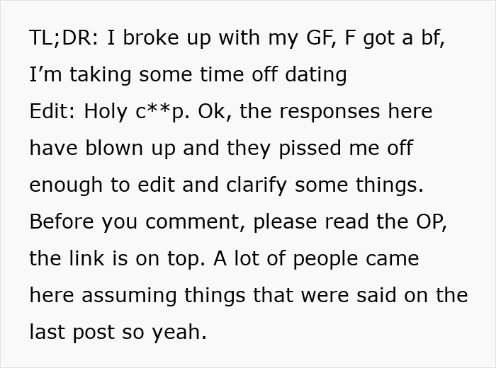 Text post about woman breaking up with boyfriend after seeing how close his female friend is to his family, expressing frustration. Text post about woman breaking up with boyfriend after seeing how close his female friend is to his family, expressing frustration.