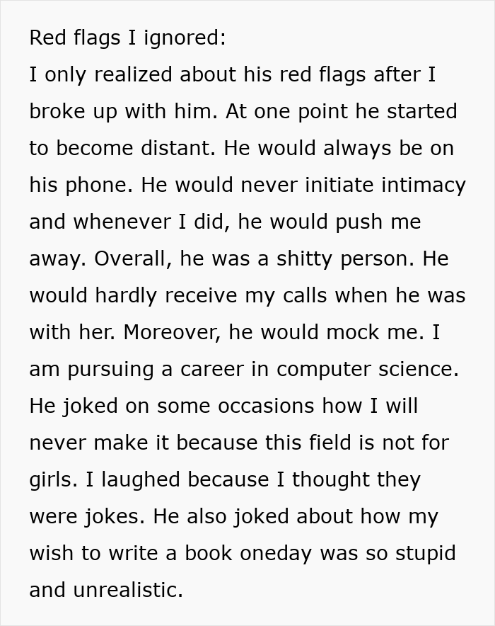Text describing ignored red flags in a toxic relationship highlighting emotional distance and disrespect from a boyfriend.