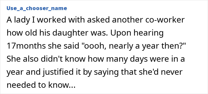 A screenshot of a text post detailing a co-worker's unintelligent comments about a child's age, leaving the office in shock.