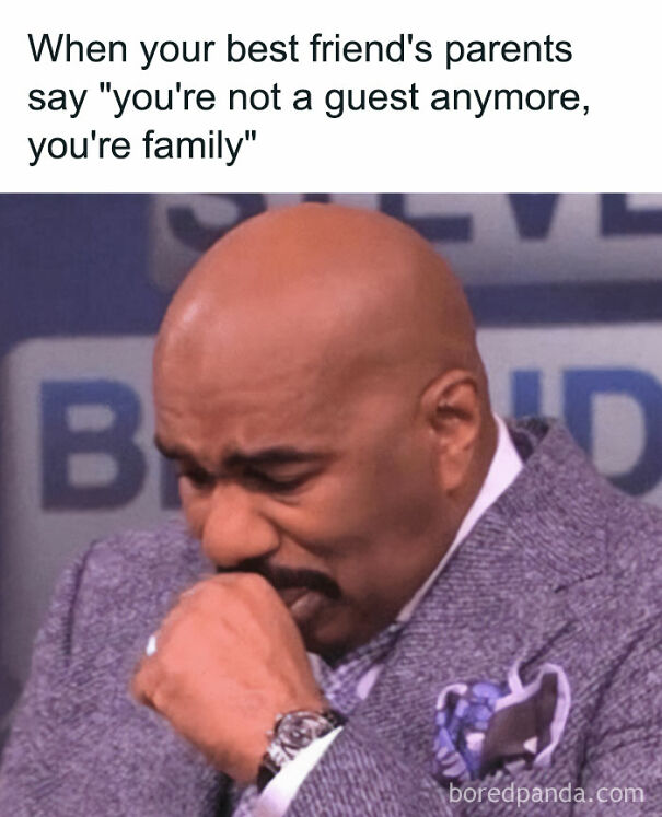 Steve Harvey looking emotional in a wholesome meme about becoming family, offering a different side of the internet.
