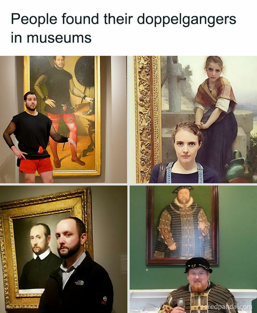 Fascinating photos of people finding their historical doppelgängers in museums, showing history in a unique way.