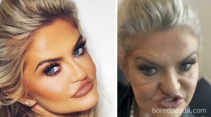 Side-by-side comparison of extreme Instagram edits highlighting unusual and exaggerated human face features.