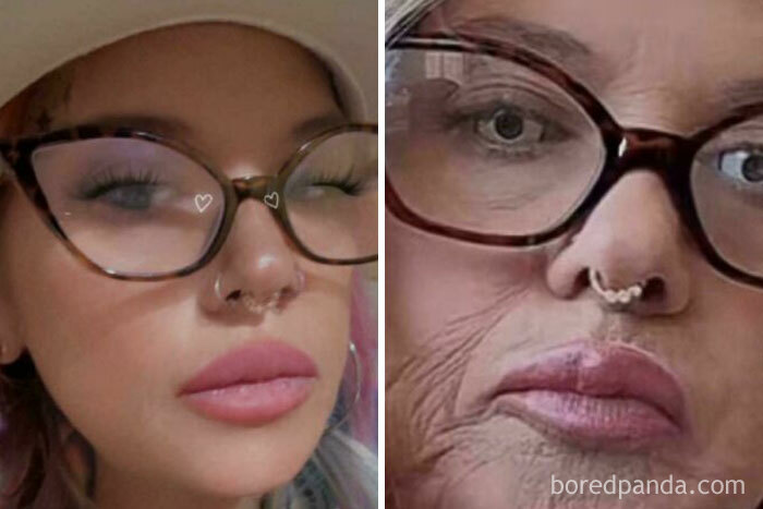 Side-by-side Instagram edits showing a heavily filtered young face and the same face with a wrinkle filter slip.