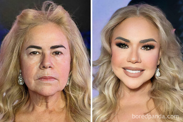 Side-by-side comparison of a woman before and after wild Instagram edits showing exaggerated facial features and makeup.