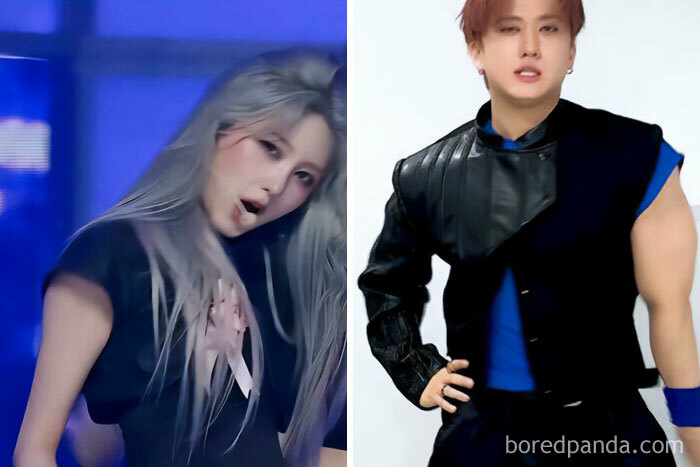 Two performers wearing bold outfits in wild Instagram edits showcasing exaggerated facial and body features.